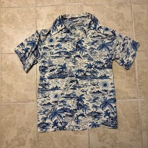 1950s Block California Sof-Tone Hawaiian Shirt | Blue Tiki Rayon M Rockabilly